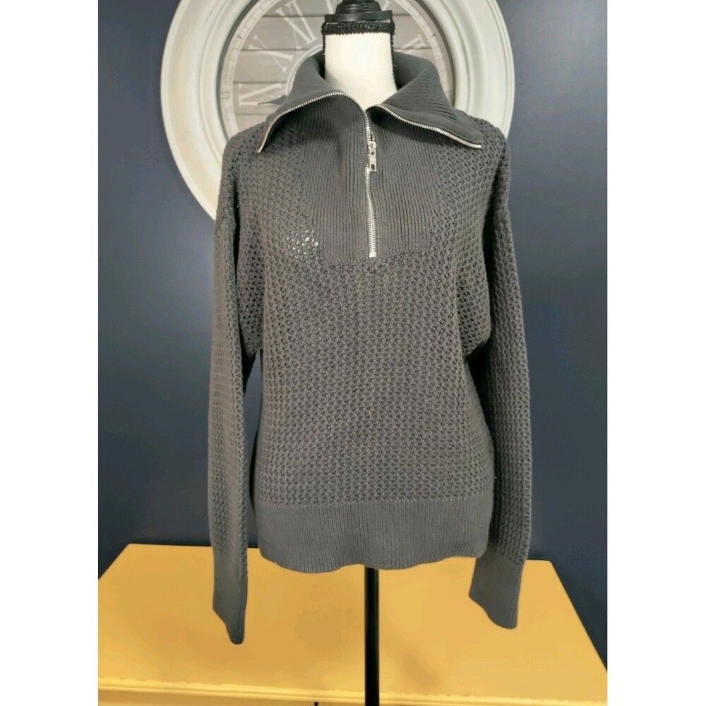 525 Anthropologie Open Knit Sweater Womens M Gray Cotton 1/4 Zip Long Sleeve EUC